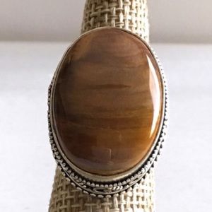 New Brown Jasper Agate Stone Silver Overlay Vintage Style Ring Size 6.75